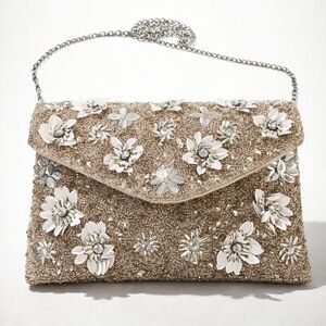 Beaded Floral Clutch/Crossbody, NWOT, champagne/white/silver, 9.5 x 7, new